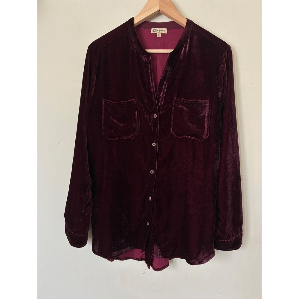 Democracy Burgundy Velvet Button Down Blouse Mandarin Collar Large Swingoth